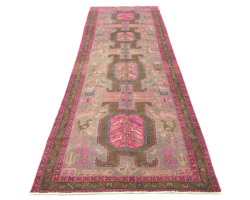 11 Ft Vintage Brown Persian Style Hand Knotted Low Pile Wool Runner Rug